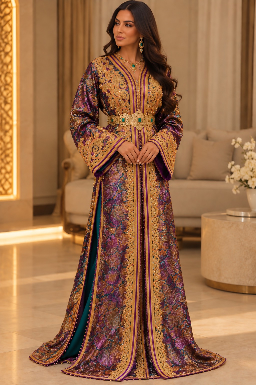 Loubna: aubergine brokaten takchita met goudborduursel en smaragdgroene accenten